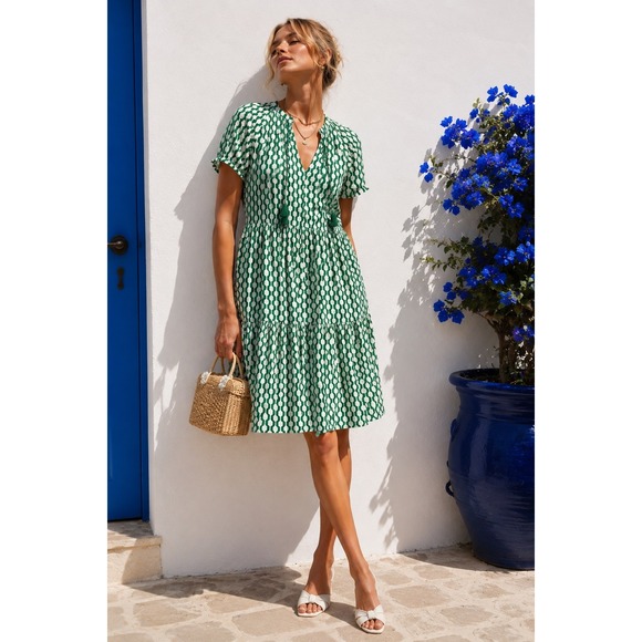 Boden Dresses & Skirts - Boden NWOT Green Geometric Tiered Midi Dress US 10L Pockets Vacation‎